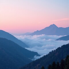 Fototapeta premium Pink and blue misty fog rolling over a mountain landscape, gradient, abstract sound waves, wave
