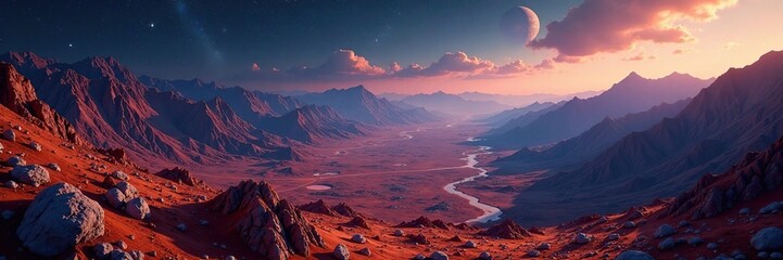 Fototapeta premium Planetary landscape with mountains and craters, space, mountains