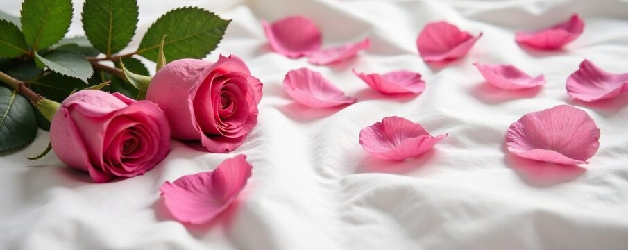 Pink rose petals and leaves scattered on a bed sheet, floral arrangement, feminine