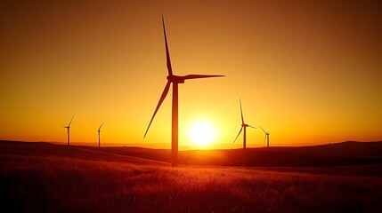 Obraz premium Wind Turbines Silhouetted Against a Vibrant Sunset