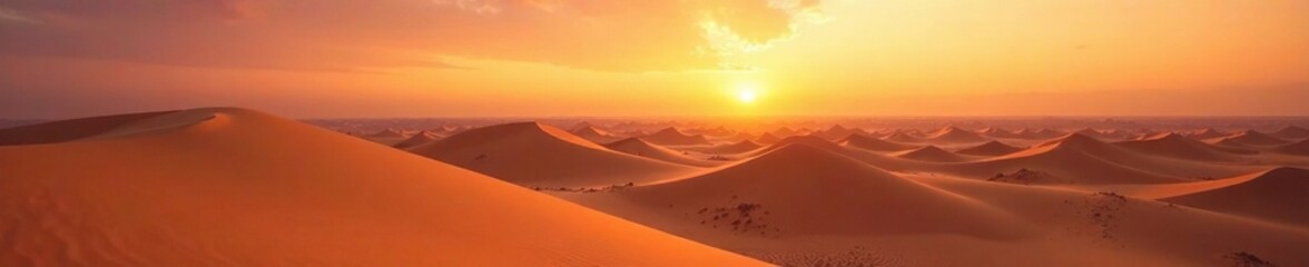 Sandy dunes stretching into the horizon at sunrise, vastness, serene