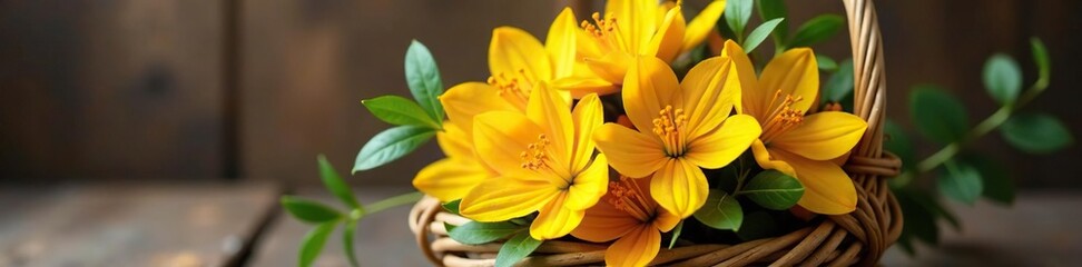 Saffron bouquet tied with twine and placed in a wicker basket, earthy, arrangement