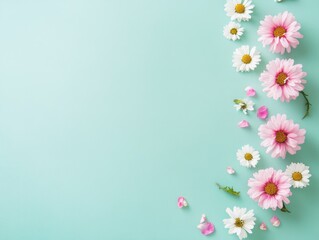 Obraz premium Pastel Pink and White Daisies on Mint Green Background Delicate Floral Arrangement Spring Summer Blossoms