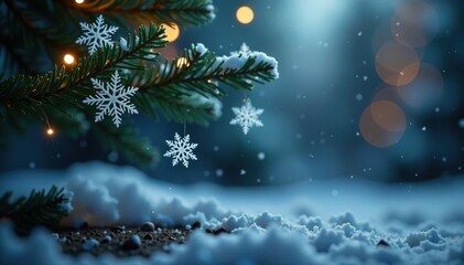 Snowflakes float in mid-air around a Christmas tree branch, suspended by delicate threads of light and color, delicate lights, delta threads