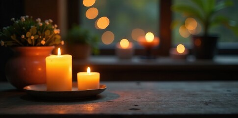Soft candlelight on wooden table, warm ambiance, relaxing, calm