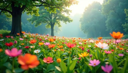 Obraz premium Soft focus on a field of colorful flowers amidst tall trees and a misty sky, blooming flowers, greenery