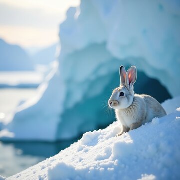 Snowy landscape with arctic hare peeking out of crevasse, frosty environment, frozen ground, snow