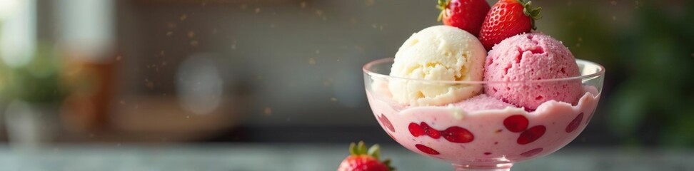 Softly focused ice cream sundae in a large glass bowl, glass bowl, sweet treats, frozen treat