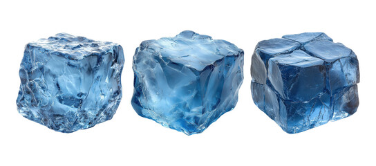 Naklejka premium Trio of blue ice cubes with detailed texture, isolated on transparent background. PNG file 