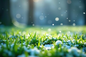 Obraz premium Softly falling snowflakes cover the vibrant green grass, creating a tranquil and picturesque winter wonderland, winter, nature