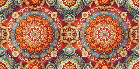 Colorful mandala pattern featuring intricate floral designs and vibrant hues.