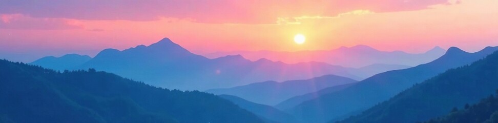 Softly glowing peaks of layered blue mountains against a vibrant gradient sky with hues of pink and orange during sunrise on a misty morning, orange, blue, layering