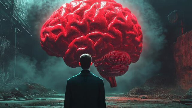 Surreal Scene of Human Silhouette and Giant Floating Brain