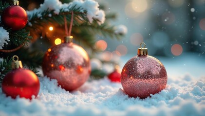 Sparkling rose gold ornaments scattered on a snowy Christmas tree, festive, rose gold