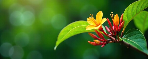 Spathodea campanulata branch with leaves and flowers, tropical tree branches, natural foliage, botanical photography