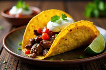 Spicy salsa and sour cream topping a crispy taco shell filled with grilled steak, condiment, salsa