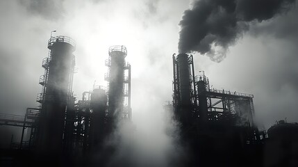 Obraz premium Industrial landscape: Dark factory silhouette and smoke stacks