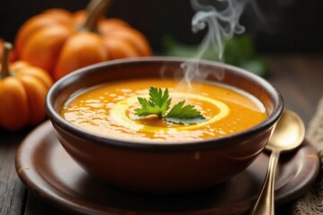 Steam wafts up from the surface of a pumpkin soup in a bowl, autumn, inviting, soups