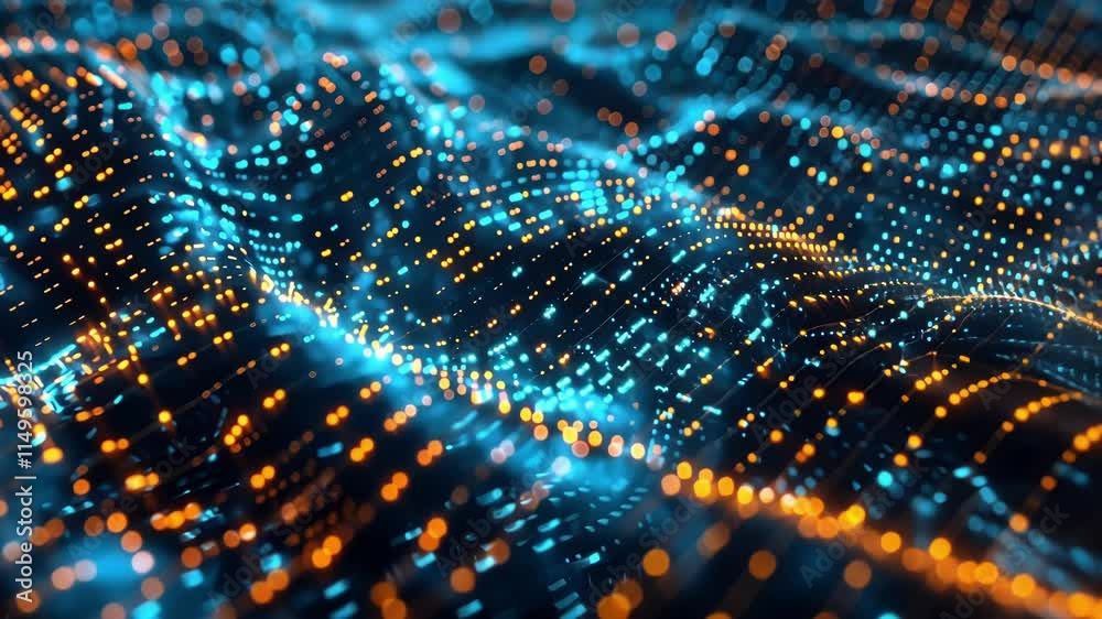 Poster complex data streams are visualized as a dynamic, flowing wave of interconnected points of light, cr