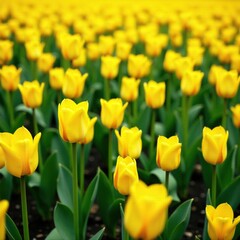 Fototapeta premium Vast field of bright yellow tulips swaying in the spring breeze, fields, countryside