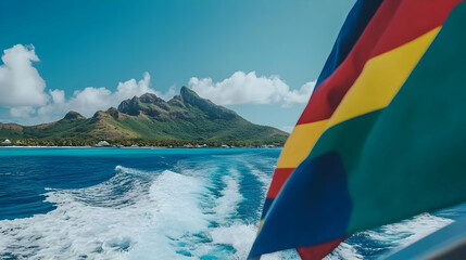 Tropical Island Photo: Boat Wake, Ocean View, Lush Mountains