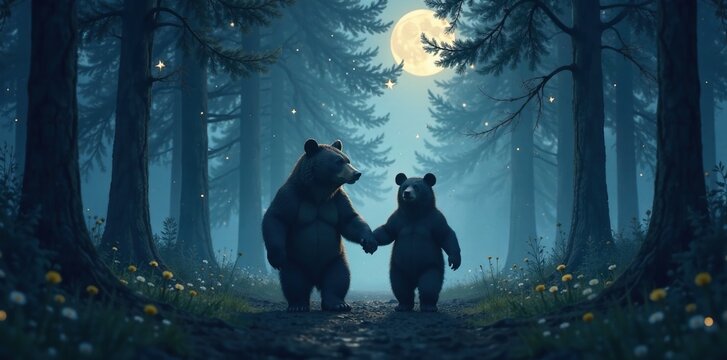 A pair of black bears walking hand in hand through a misty forest with stars above,, nature