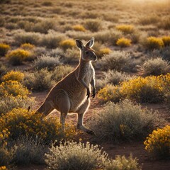 A kangaroo hopping through a sunlit desert filled with wildflowers.
