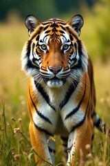 Fototapeta premium Bengal tiger's striped fur against a blurred background, grasslands scenery, blurred background, bengal tiger stripes