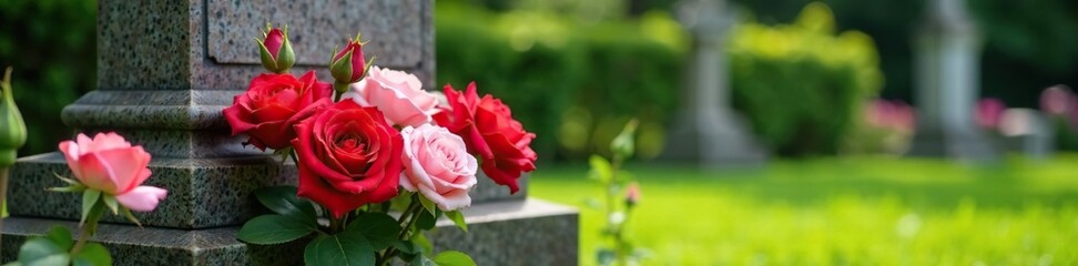 Bouquet of red and pink rose flowers at the base of a well-groomed gravestone in a picturesque cemetery, colorful blooms, floral arrangement