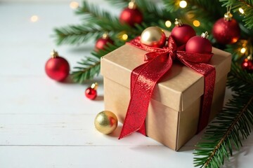 Box filled with ornaments on white background, Christmas ornaments, festive, Christmas tree decorations