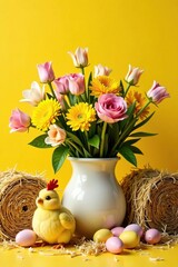 Chicken and spring flowers in a vase among the hay bales on a bright yellow Easter background, bouquets, festive