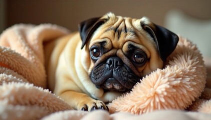 cozy pug snuggled up in bed with a soft throw, throw, bed, warmth