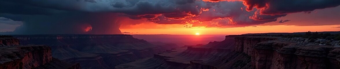 Obraz premium Dark storm clouds gather over the canyon at sunset, fiery skies, ominous clouds, rugged landscape
