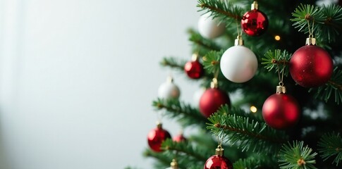 Obraz premium Decorated Christmas tree with red white ball ornaments hanging horizontally from the branches, holiday decor, festive decoration,