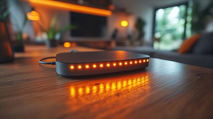 Modern router device with blinking LED lights on clean desk, symbolizing network security and connectivity, with copy space for text or design elements.