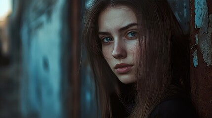 Obraz premium Pensive Woman Portrait: Moody Urban Photography