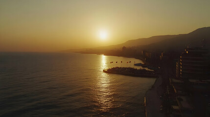 Obraz premium Golden Sunset over Coastal Cityscape Aerial View