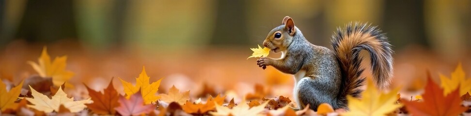 Obraz premium Eastern gray squirrel amidst fallen maple leaves, fall colors, maple leaf, forest floor