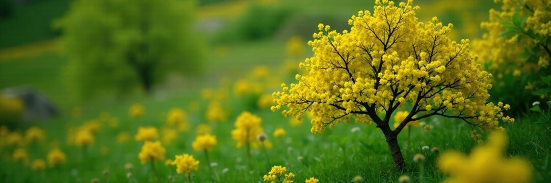 Dwarf Elder tree in full bloom with yellow flowers, shrub, sambucus ebulus, wildflowers
