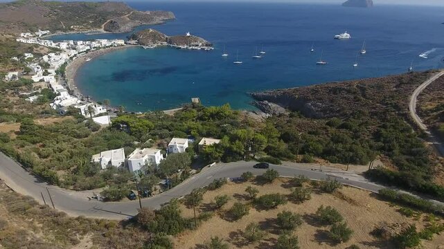 Aerial view of Kapsali village in Kythira. Aerial panoramic view of the seaside village named Kapsali in Kythira island, Greece