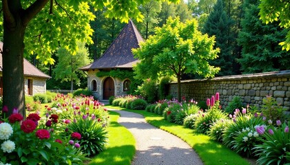 Fototapeta premium Gartenneue mit historischen Steinmauern und Kacheln, steinmauer, natur, neu