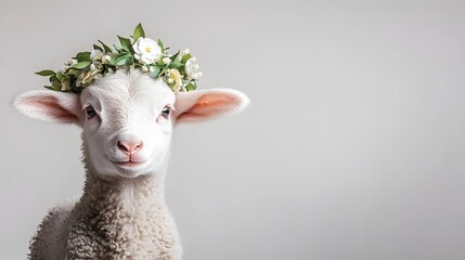 Obraz premium A sweet lamb with an Easter garland, adorned with flowers, exudes innocence and joy against a soft, neutral backdrop.