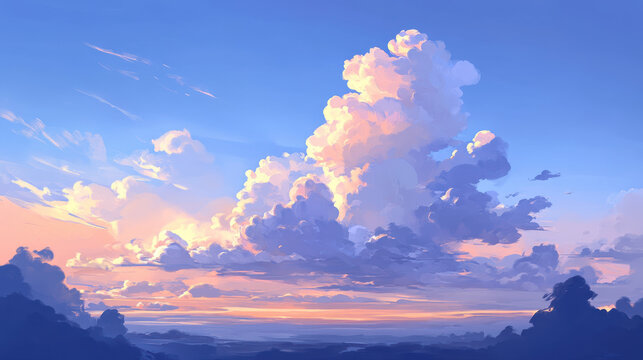 A detailed natural landscape of clouds spreading across a soft azure sky, sunlight subtly interacting with cloud edges creating radiant highlights, minimalist composition with a focus on depth and cla
