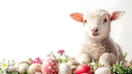 Lamb with Easter garland, surrounded by colorful eggs and flowers, embodies spring's joy and renewal in a serene setting.