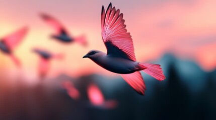Obraz premium Colorful Birds in Flight Against a Soft Sunset Sky Background