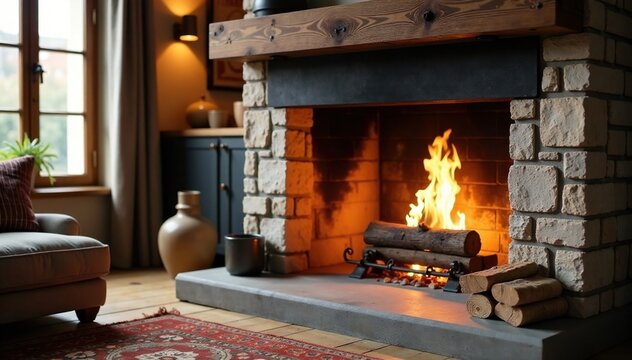 Manteau de four ? charbon avec braises en pierre et bois, inviting fireplace, rustic elegance
