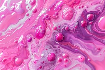 Abstract fluid art background with swirling pink and purple acrylic paints creating a mesmerizing pattern of bubbles and waves