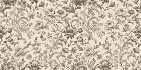 Elegant vintage floral pattern in muted tones with intricate detailing.