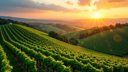Rolling hills with golden light, vineyard rows stretching to the horizon, vineyard, green fields, sunset