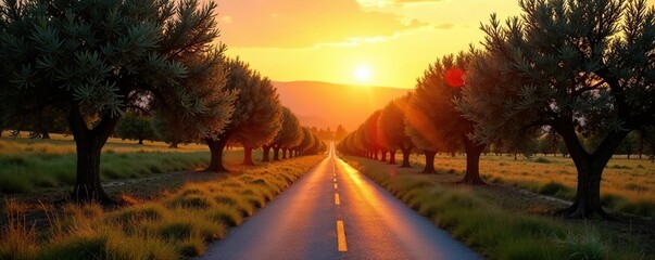 Road traversing through a serene olive grove at sunset, olive trees, countryside roads